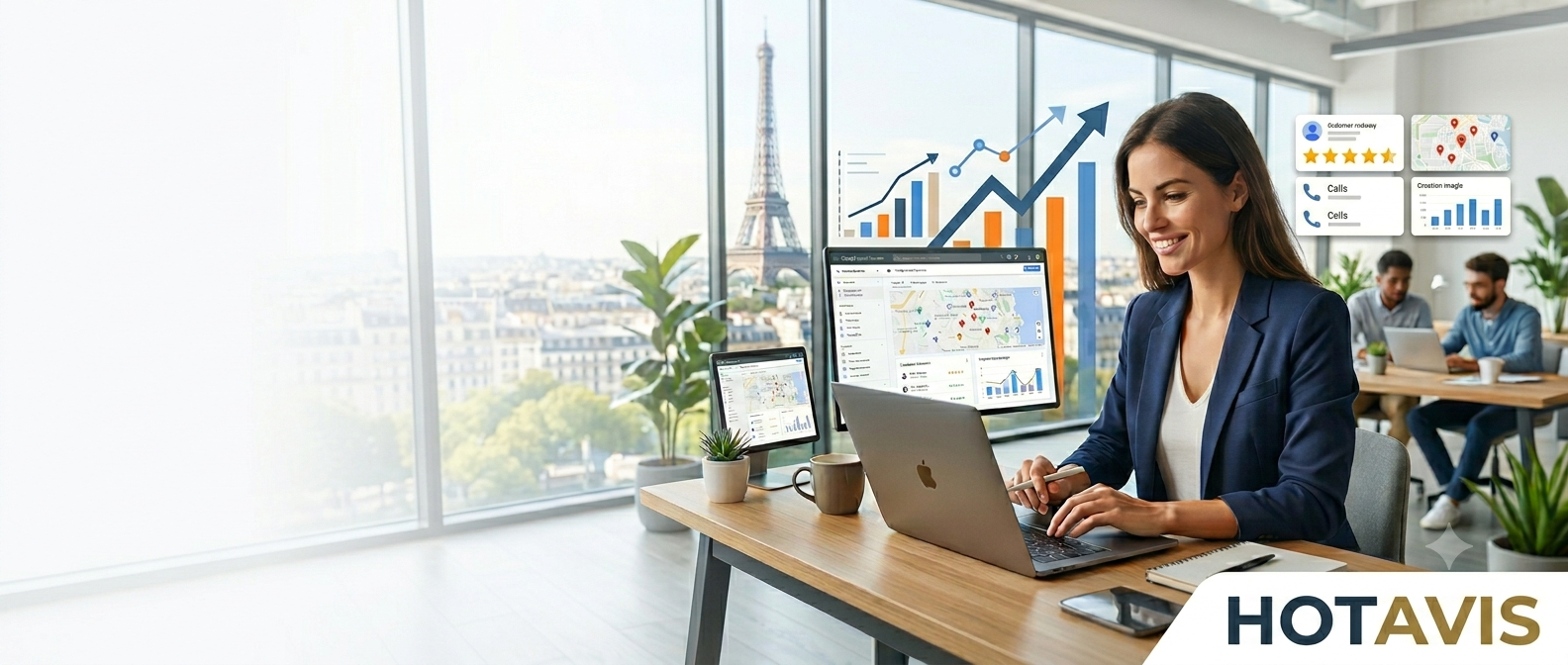 Experte SEO Hotavis optimisant une fiche Google Business Profile depuis son bureau